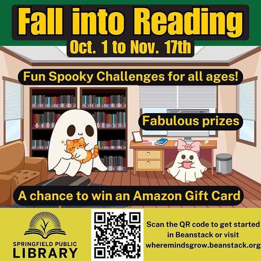 Fall into Reading, October 1–November 17. Spooky challenges for all ages, with prizes and a chance to win an Amazon gift card. Register at wheremindsgrow.beanstack.org.